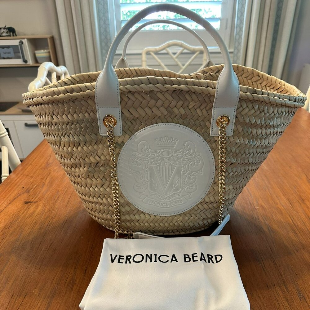 Veronica Beard Straw Crest Patch Tote in White